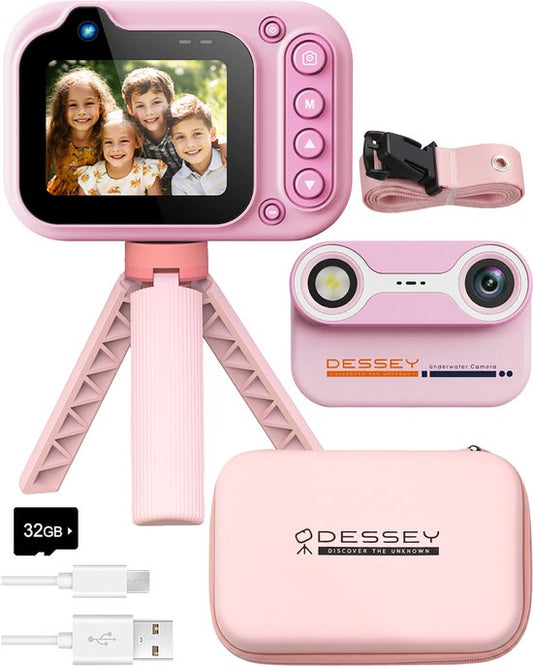 Appareil photo étanche pour enfants ODESSEY - avec trépied - Full HD - Appareil photo pour selfies - Carte SD de 32 Go - Photo - Vidéo - Jeux - Appareil photo numérique pour enfants - Appareil photo pour enfants - Rose