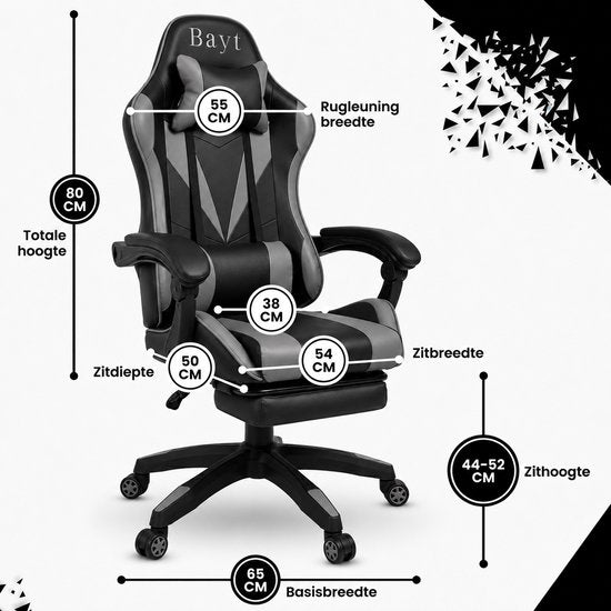 Fauteuil de gaming Bayt - Fauteuil de gaming - Fauteuil de bureau ergonomique - Réglable - Noir et gris