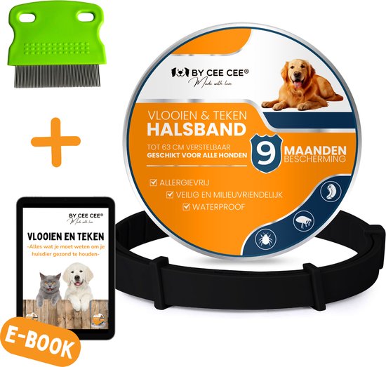 Cee Cee Flea Band Dog Efficace contre les puces et les tiques - Remède contre les puces - Meilleur que les gouttes anti-puces - Noir - Peigne anti-puces et livre inclus