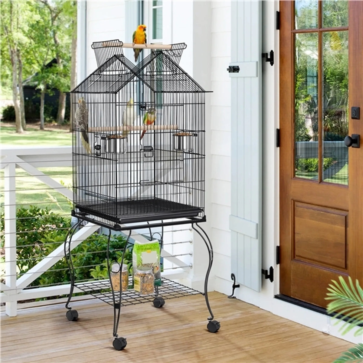 Yaheetech Cage à oiseaux XXL avec base mobile - 59,5 x 59,5 x 145 cm - avec ouverture dans le toit, plaque de fond amovible et étagère de rangement - pour perruches et canaris - métal noir et bois