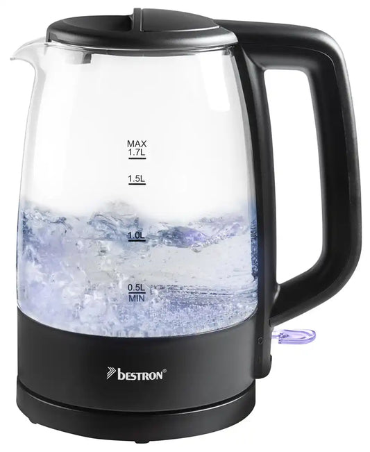 Bouilloire électrique en verre Bestron AWK500G - 1,7 litre - 2 200 watts - Anneau lumineux bleu