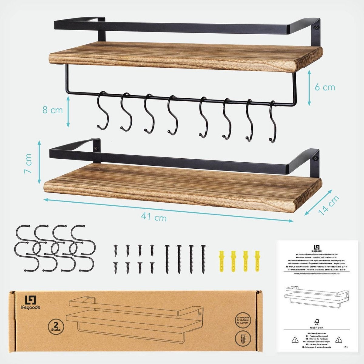 LifeGoods Etagère murale flottante - 2 pièces - 41cm - Porte-serviettes et 8 crochets - Bois - Marron/Noir