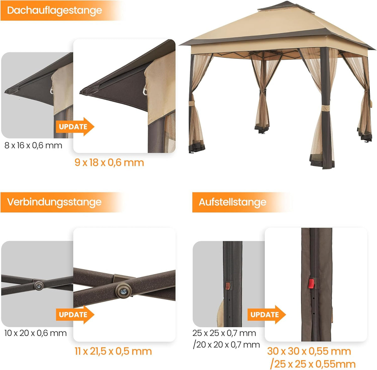 Pavillon pop-up Yaheetech 3,3 × 3,3 m avec 4 parois latérales en filet et sac de transport, couleur kaki/marron