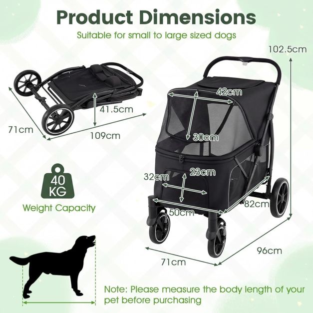 Coast Dog Buggy - Pneus Terrain - 96 x 71 x 102,5 cm - Pliable - Entrée - Compartiment de rangement - Noir