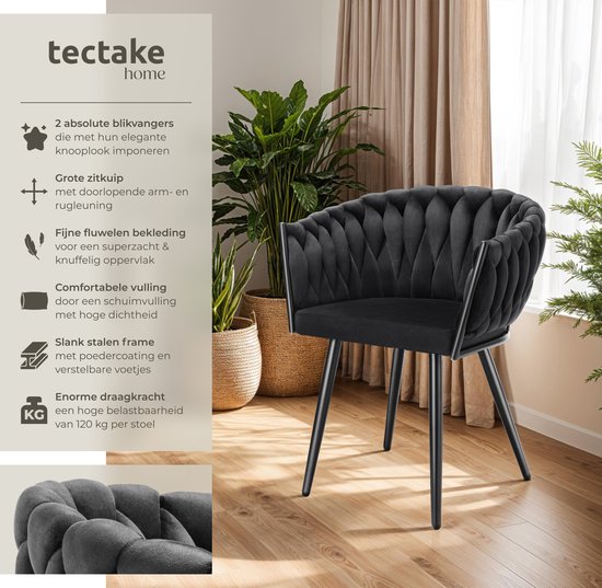 tectake® - Lot de 2 chaises de salle à manger en velours - Chaise baquet avec accoudoir en aspect bouton - Chaise de salle à manger - Chaise de salle à manger moderne pour salon et salle à manger - Chaise de cuisine - Chaise de coiffeuse - Chaise de chamb