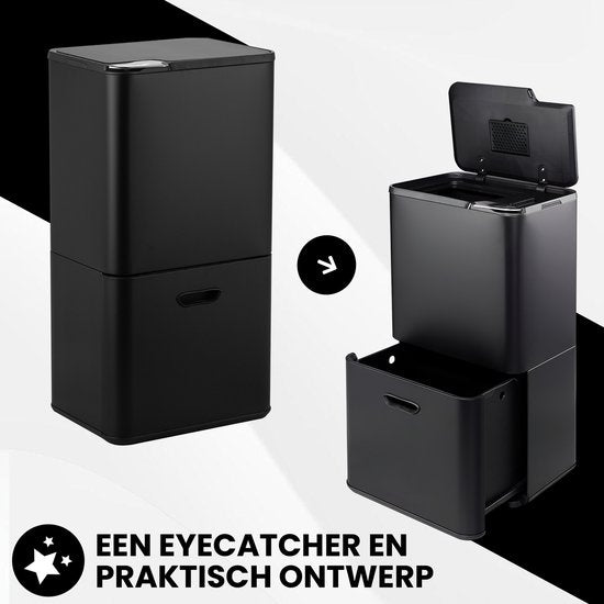 Bayt Trash Can 60 Liter - Poubelle 60 litres - Séparation des déchets - 2 compartiments - Acier inoxydable - Noir