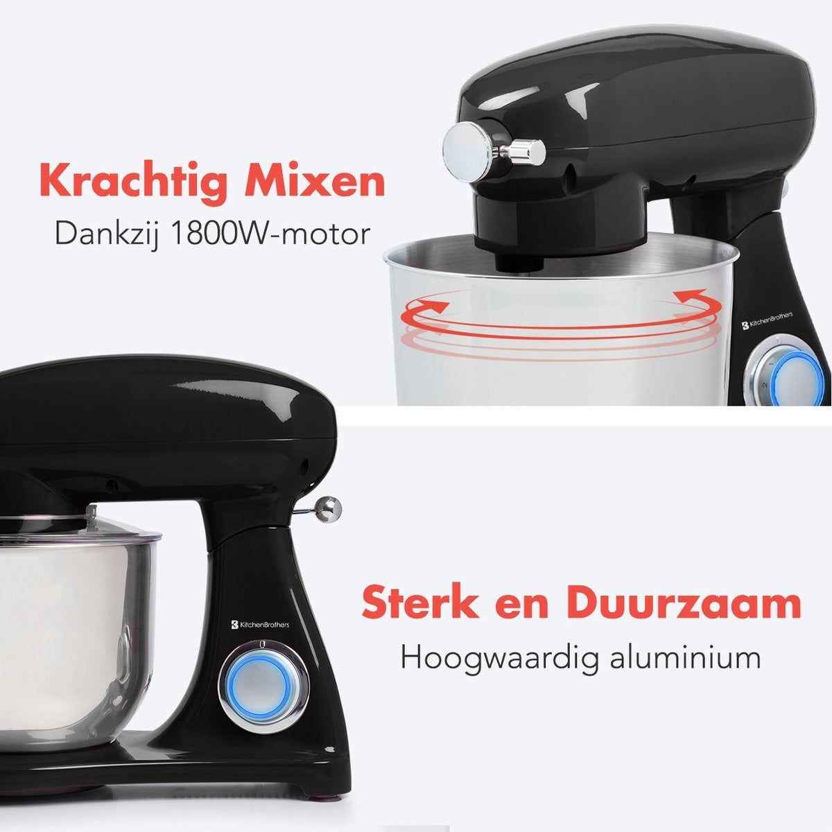 KitchenBrothers Food Processor - Batteur de cuisine avec bol en acier inoxydable de 6L - 1800W - Noir