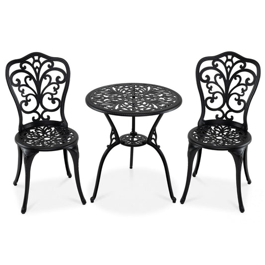 Ensemble de bistrot Coast 3 pièces - aluminium moulé - trou pour parasol - dossiers en forme de papillon - noir
