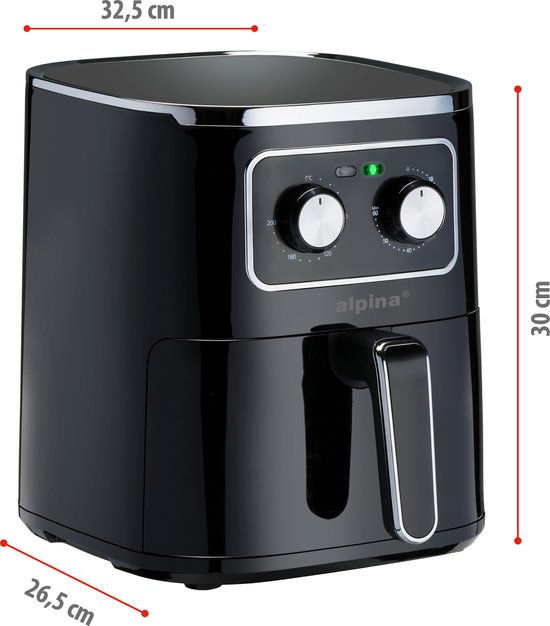 alpina Airfryer 4.5L- Friteuse à air chaud pour 3 à 4 personnes - Friteuse à air avec température réglable de 80°C à 200°C - Minuterie jusqu'à 60 minutes - Friteuse à air chaud 1450W - Noir