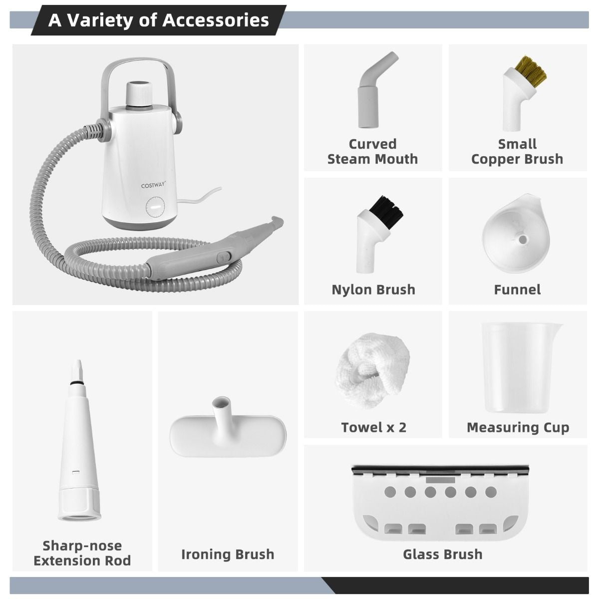 Nettoyeur vapeur portatif Coast - 1000W - 300ml - 10 accessoires inclus - Gris/Blanc
