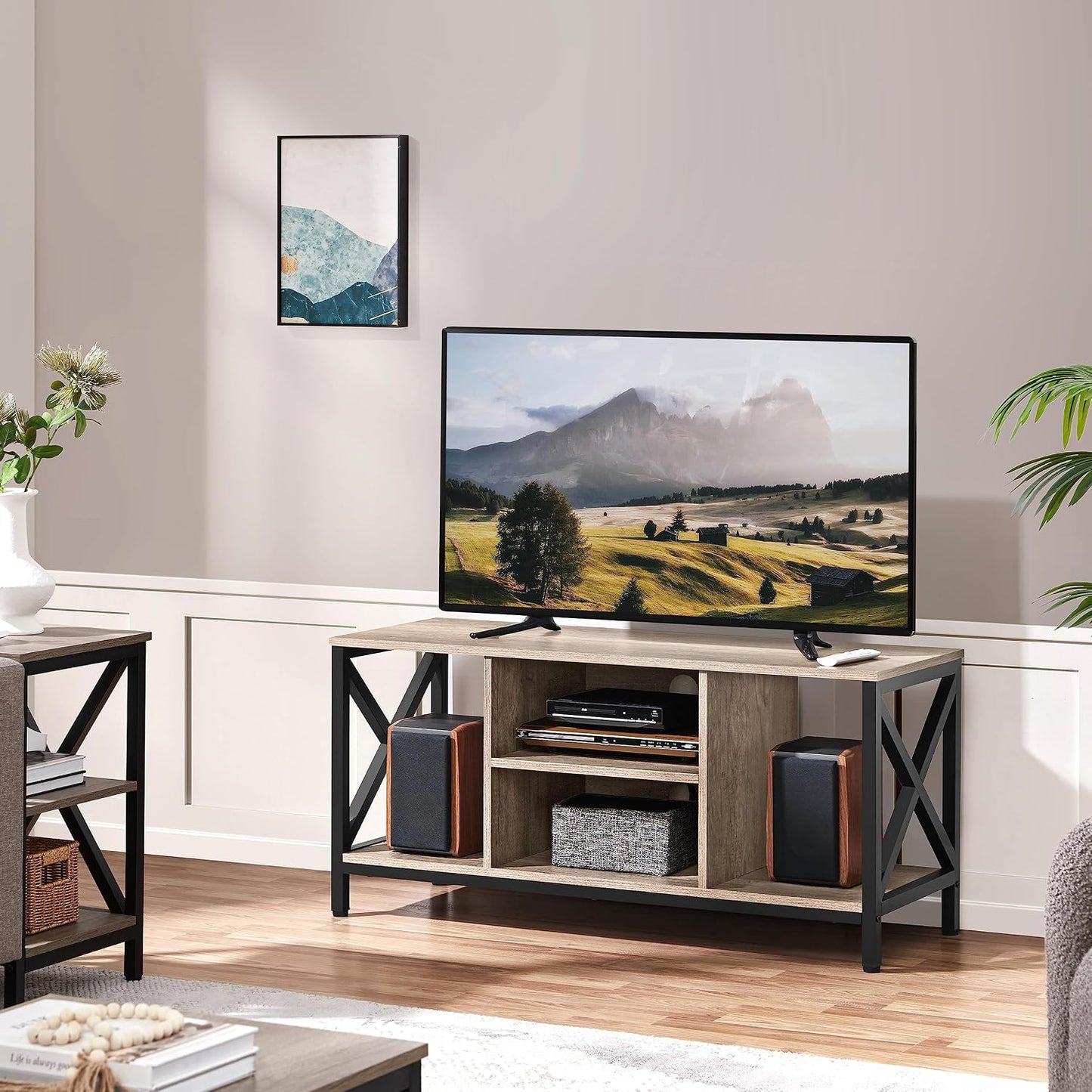 Meuble TV industriel Yaheetech X-Frame pour téléviseurs jusqu'à 50 pouces - 106 x 40 x 50,5 cm - Gris