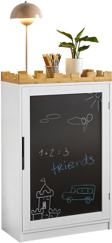 SoBuy KMB43-W Coffre pour enfants - Étagère de rangement blanche avec tableau noir et coffre à jouets
