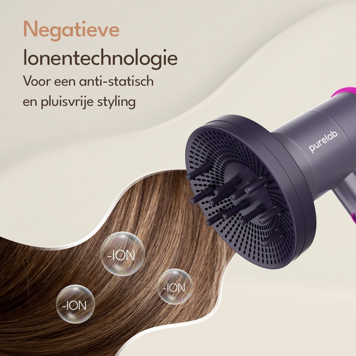 Sèche-cheveux - Purelab - avec diffuseur - Sèche-cheveux ionique - 3 niveaux - Noir