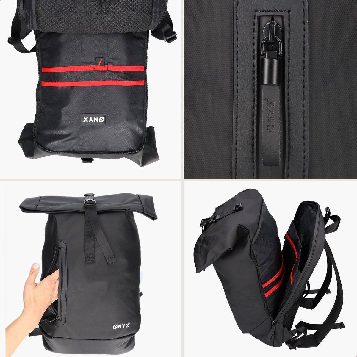 ONYX Rolltop Backpack 25 à 40 L - Avec compartiment pour ordinateur portable - Sac à dos ajustable - Sac de voyage - Imperméable et durable - Noir