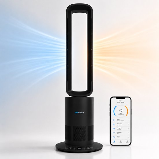 Ventilateur sans fil Aironex noir - Refroidisseur d'air économe en énergie - Refroidisseur d'air avec fonction rotative - Chauffage et refroidissement en un seul appareil - Ventilateurs - Ventilateur de table - Ventilateur sur pied
