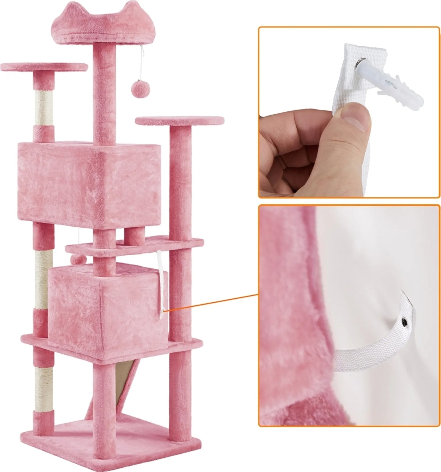 Yaheetech Cat Post XXL avec 3 plateformes d'observation - équipé de 2 maisons pour chats et de 3 griffoirs et d'un dispositif anti-fugue - pour les foyers avec plusieurs chats - peluche rose et sisal - 54 x 54 x 178 cm