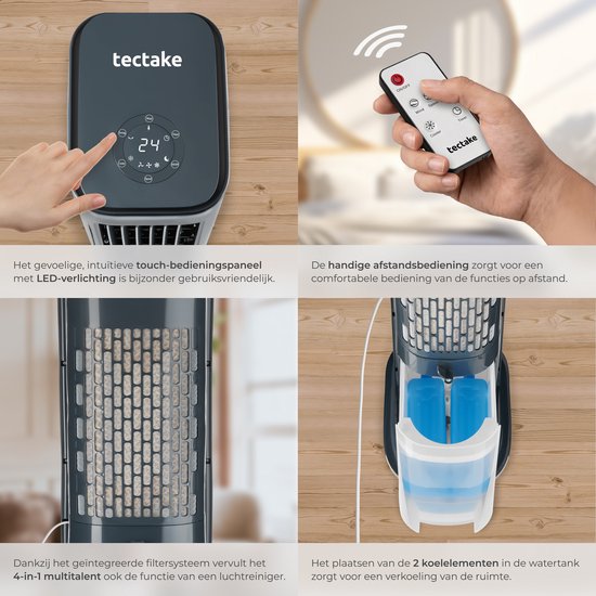 tectake® Refroidisseur d'air 4-en-1 Alaska - Réservoir d'eau de 5 L - 3 réglages - Refroidisseur d'air - Climatiseur avec fonction d'oscillation - Minuterie - Télécommande - Éléments de refroidissement - Humidificateur - Ventilateur - Purificateur d'air -