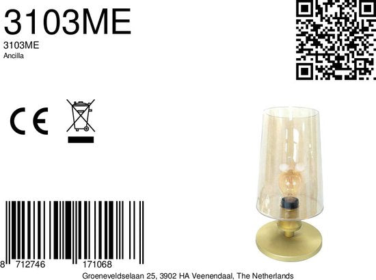 Lampe de table Ancilla 3103ME en laiton, douille E27, allumage/extinction par effleurement - Design classique de Steinhauer - Fabriquée en métal, verre et composants électroniques - Cordon de 180 cm - Pour usage intérieur