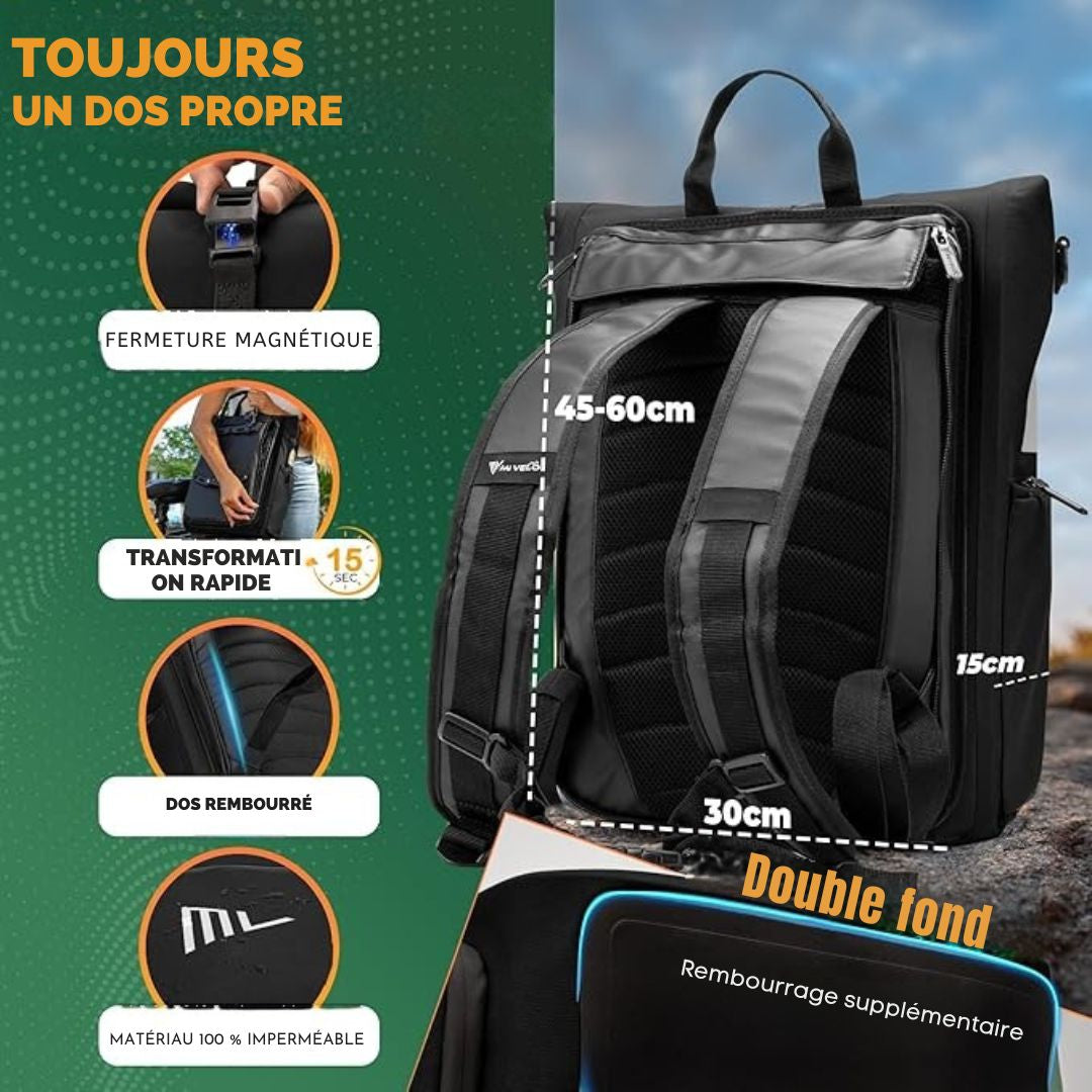 Sac à dos et sac à bandoulière 3-en-1 - MIVELO - Imperméable - 25 litres - Noir