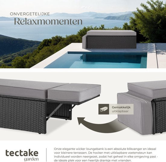 tectake® - Canapé en osier, fauteuil de jardin, chaise longue - ensemble canapé - fauteuil 2 places avec tabouret et fonction de couchage, petit canapé en osier comme meuble de jardin extérieur, pour salon, balcon et jardin, pliable avec coussins - noir