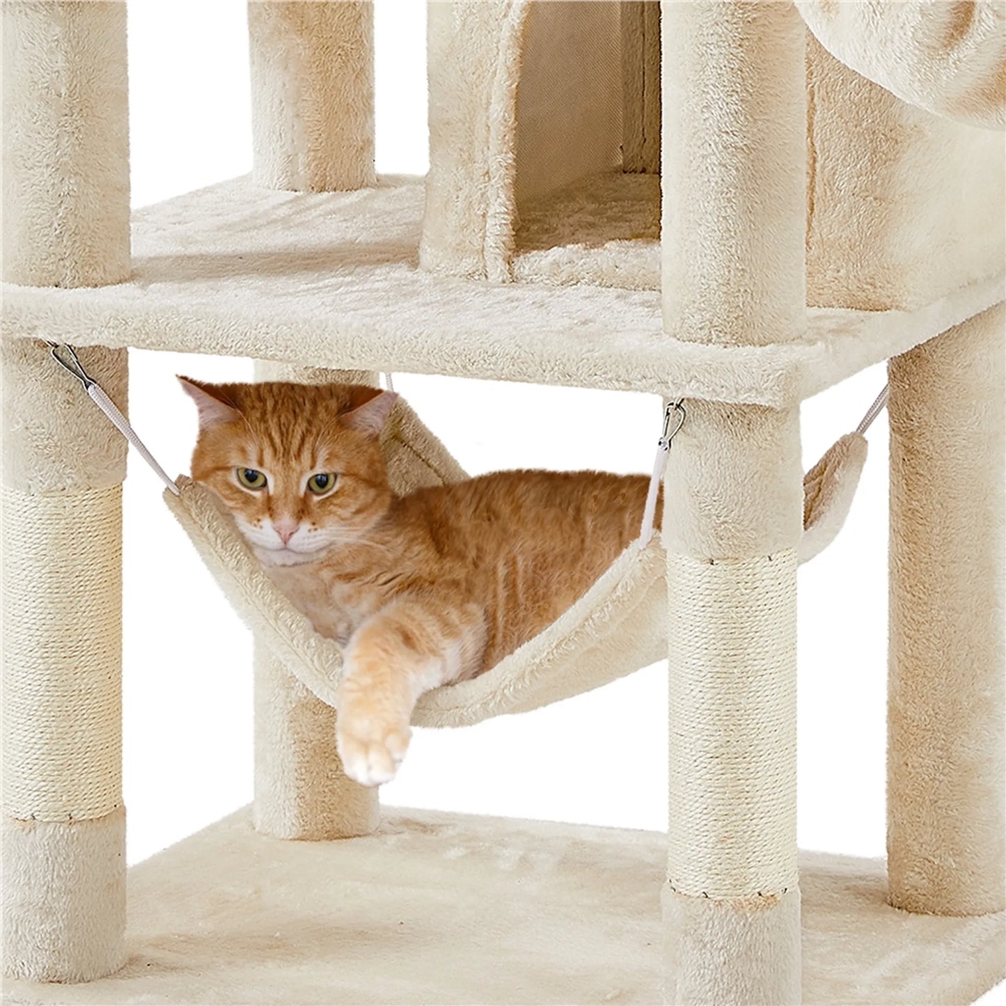 Arbre à chat Yaheetech 170 cm - Beige - XL - 5 niveaux - 2 niches pour chats - Hamac - 7 poteaux à grimper