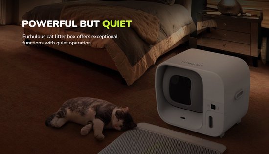 Litière automatique Furbulous avec contrôle via application, grande litière sécurisée de 60 L pour plusieurs chats avec système anti-odeurs, blanche - Litière 2,4 GHz avec fonction « Pack & Seal », autonettoyante et rechargeable, grande capacité, applicat