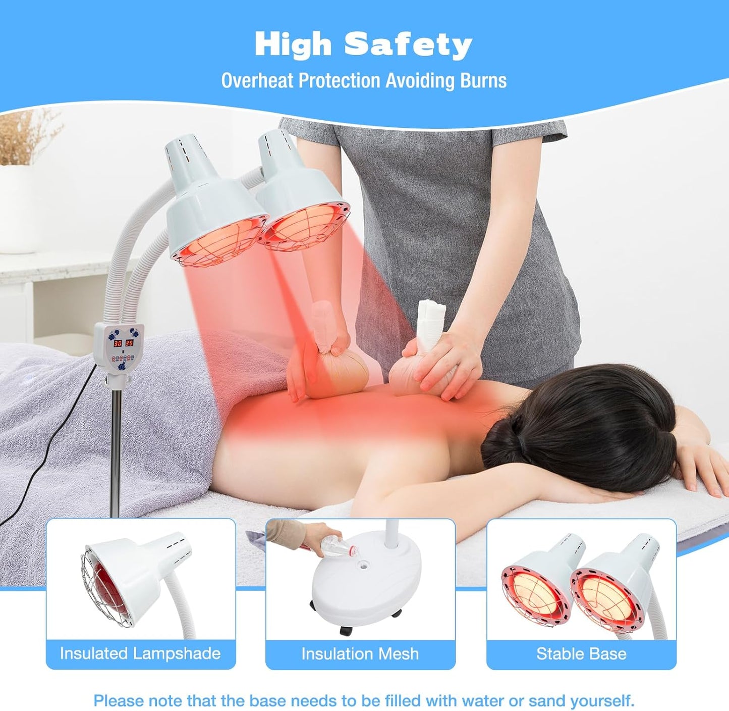 Lampe chauffante infrarouge double Xigner 275 W - Pied réglable de 128 à 158 cm - Double tête pivotante à 360° - Lampe chauffante rouge pour la relaxation musculaire et la circulation sanguine