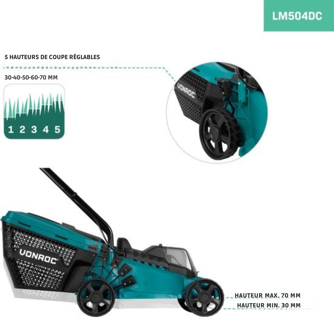 Tondeuse à gazon sans fil 40V - VONROC - Réglage de la hauteur - 33cm - Sans batterie ni chargeur