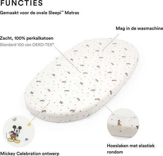 Drap-housse Stokke Sleepi, Mickey Celebration - des draps doux pour de beaux rêves - conçu pour le berceau/lit Stokke Sleepi - 100 % coton fin percale - lavable
