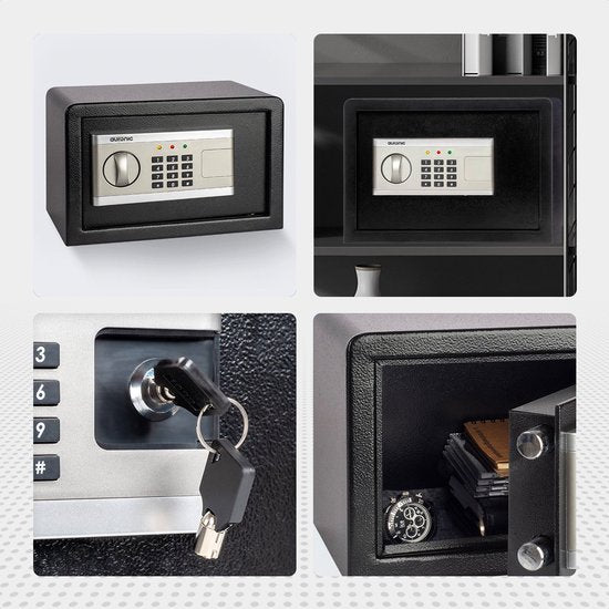 Auronic Coffre-fort électronique - Serrure Digitale - Clé - Montage mural - Porte 4.3cm - Alarme 130dB - 8L - 31x20x20cm - 4.5KG - Acier - Noir