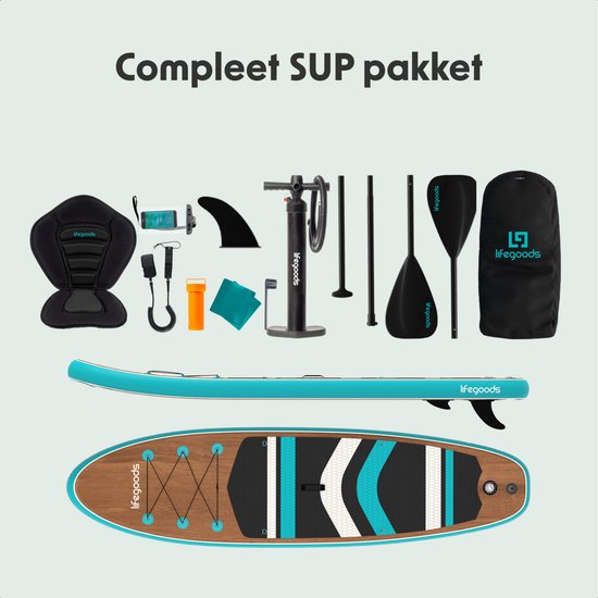 LifeGoods PaddlePro SUP Board - with Seat - Inflatable Paddle Board - Complete Set - Max. 150KG - 320x81cm - Bois/Bleu