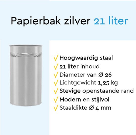 BRASQ Trashcan Metal Office/Home Use - Poubelle - Corbeille à papier - Rond - Poubelles - Argent 21 litres