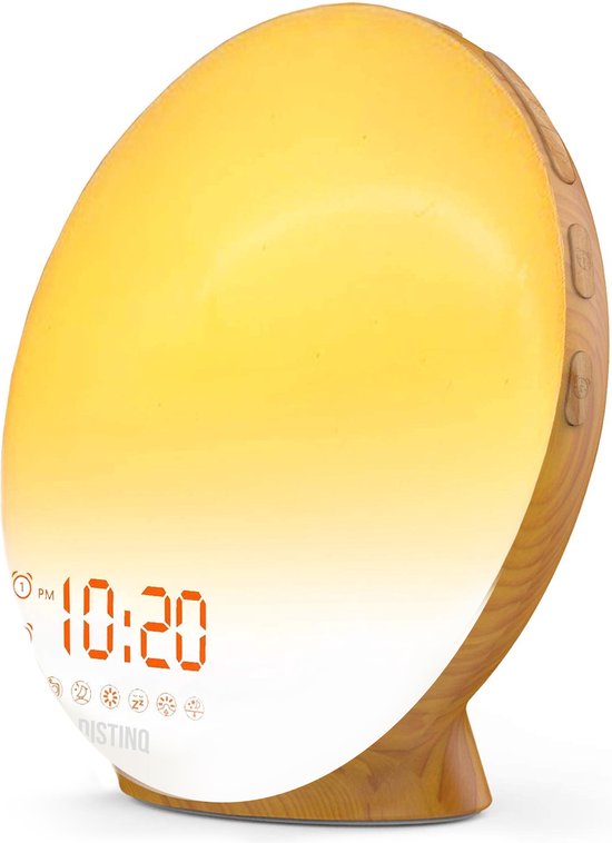 DistinQ Wake-Up Light - Radio-réveil avec double réveil - Aide au sommeil avec connexion USB - Couleur bois