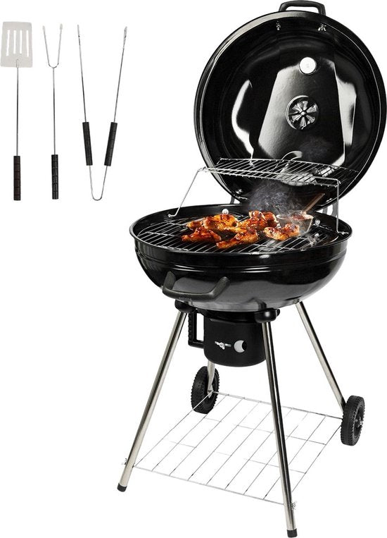 Barbecue au charbon de bois Goliving - Ø54 cm - Accessoires inclus - Barbecue au charbon de bois sur roues - BBQ XXL avec couvercle - Rond - 65 x 89 cm - Noir - Métal