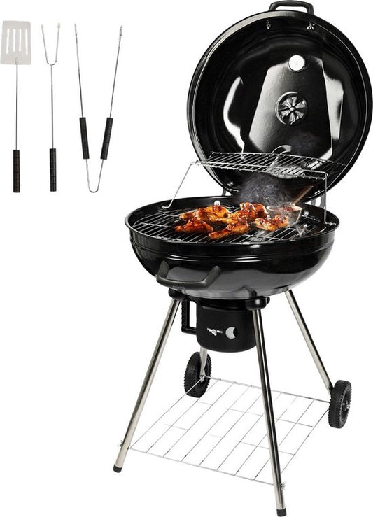 Barbecue au charbon de bois Goliving - Ø54 cm - Accessoires inclus - Barbecue au charbon de bois sur roues - BBQ XXL avec couvercle - Rond - 65 x 89 cm - Noir - Métal