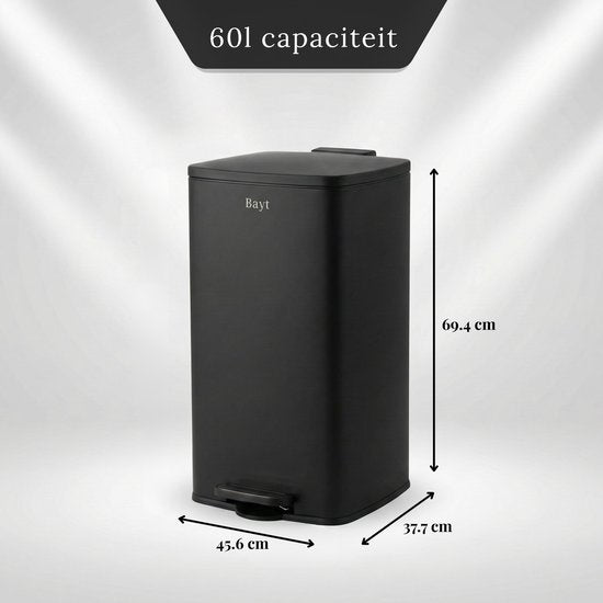 Bayt Poubelle - Poubelle 60 litres - Poubelle à pédale 60 litres - Poubelle 60 litres - Poubelle - inox - Noir
