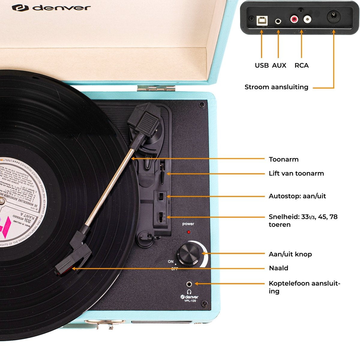 Denver Record Player - Haut-parleurs intégrés - Logiciel PC inclus - Auto-stop - Rétro - VPL120 - Bleu