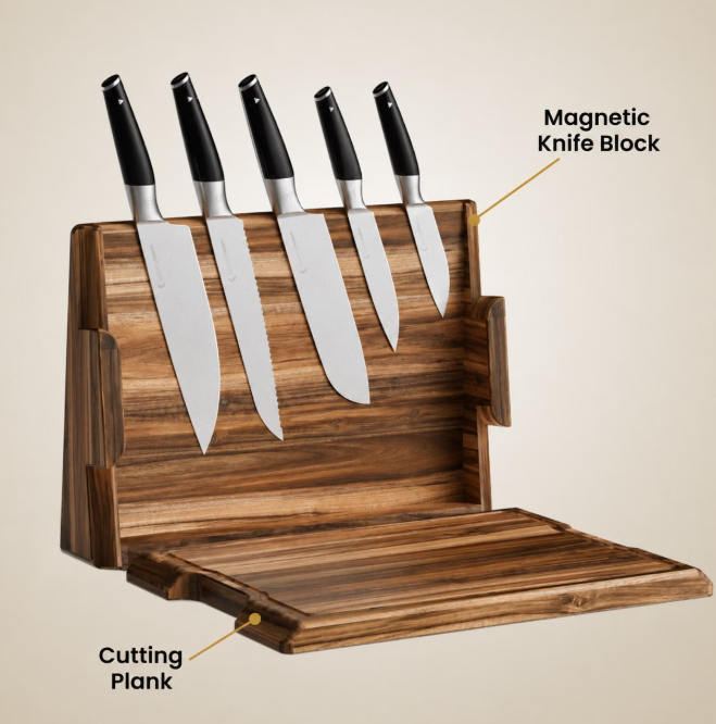 CookingTotem DuoBlock : bloc à couteaux et planche à découper 2-en-1 - Design compact - Couteaux exclusifs