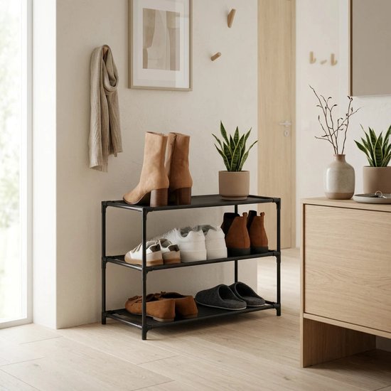 Étagère à chaussures 5Five Intissa - 3 niveaux - métal/plastique - 57 x 25 x 39 cm - pour 9 paires de chaussures - noir