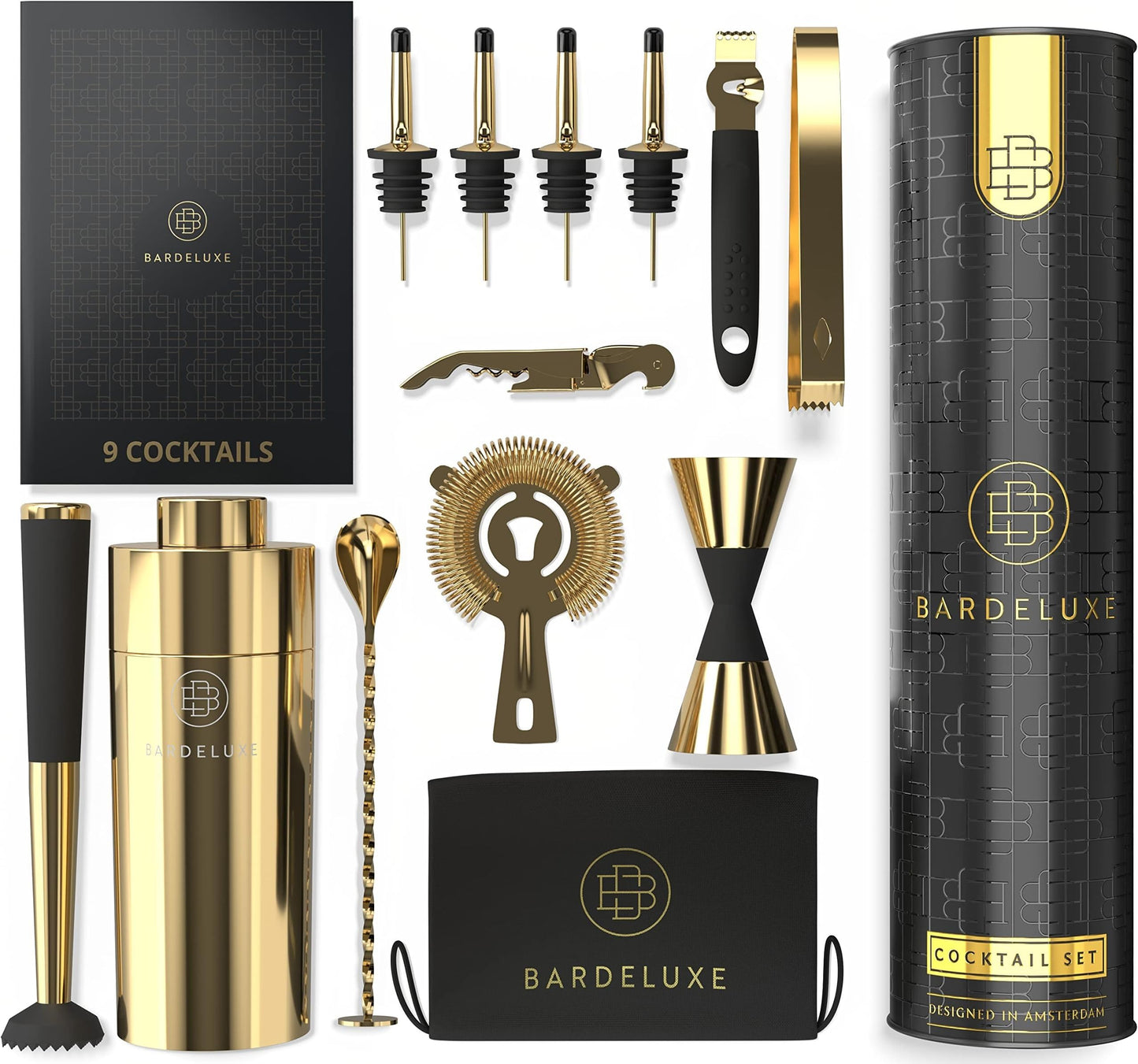 Set à cocktails BarDeluxe® - Set de barman 12 pièces avec shaker en acier inoxydable de 750 ml - doré - livret de recettes et pochette de rangement inclus