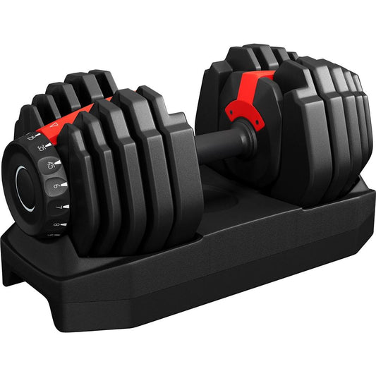 Ensemble d'haltères réglables Yaheetech 2,5-24 kg - Réglage rapide 15 en 1 - Noir/Rouge - 42 x 21,5 x 22 cm
