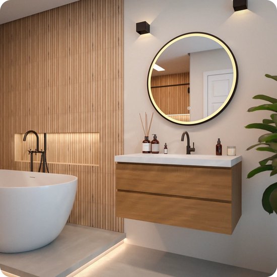 Miroir de salle de bains Mirlux avec éclairage LED et chauffage – Miroir mural rond – Miroir de douche anti-buée – 80 cm – Cadre noir