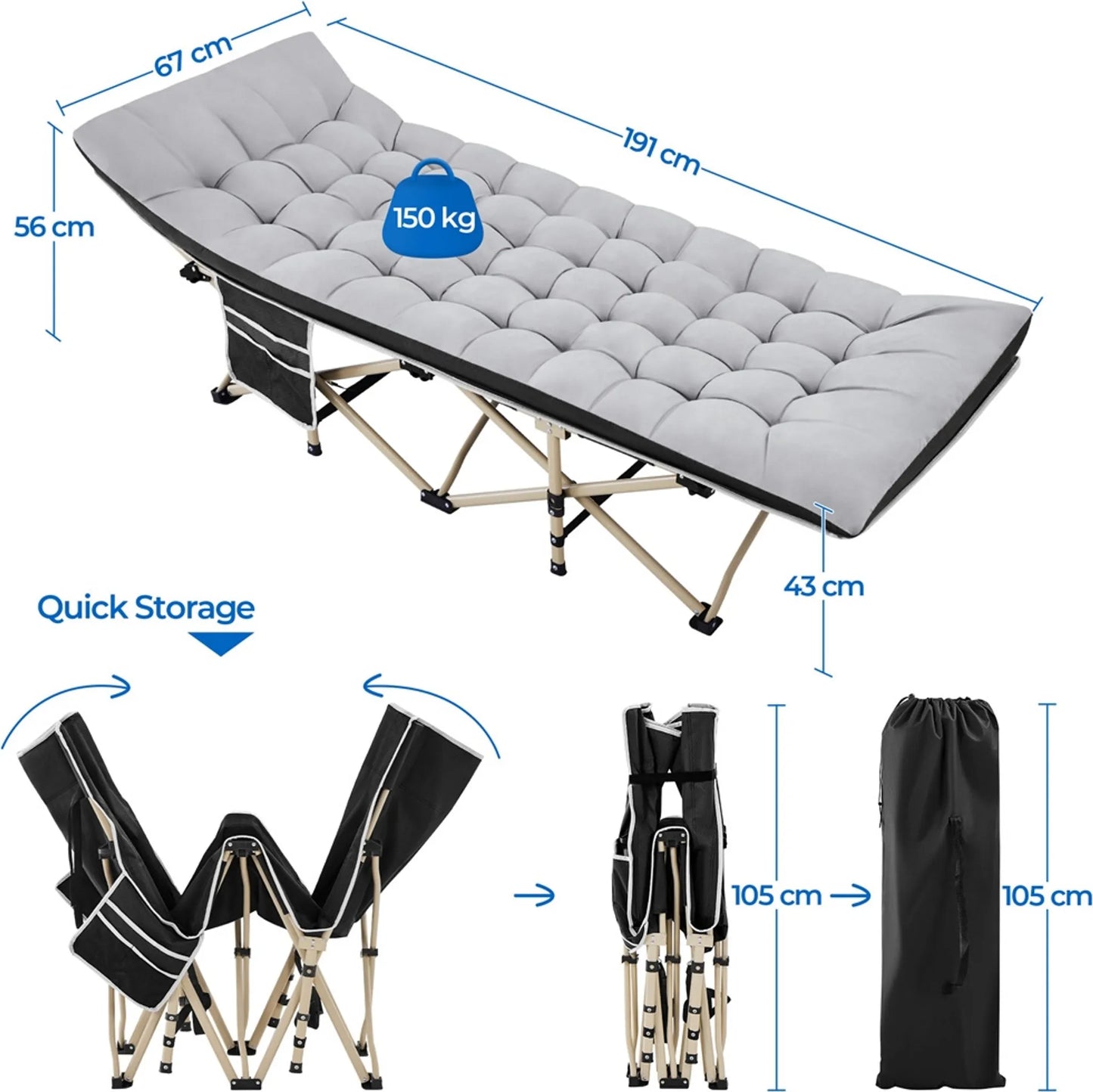 Yaheetech Camping Bed Foldable - Equipé d'un matelas confortable et d'un sac de transport pratique et de compartiments latéraux - Pour le camping et les chambres d'hôtes - Métal noir et tissu 600D Oxford - 191 x 67 x 56 cm