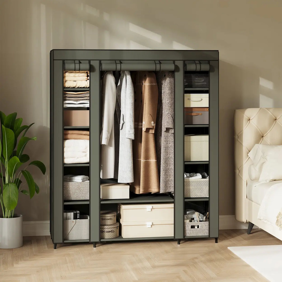Armoire JOYFURNOS 150 x 45 x 175 cm - Vert Laurel - 12 compartiments avec tringle à vêtements