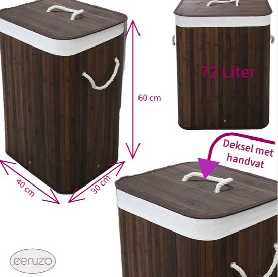 Panier à linge Ceruzo en bambou avec couvercle - 72 L - Bambou - Sac intérieur lavable - Trieur de linge - Poignées - Marron