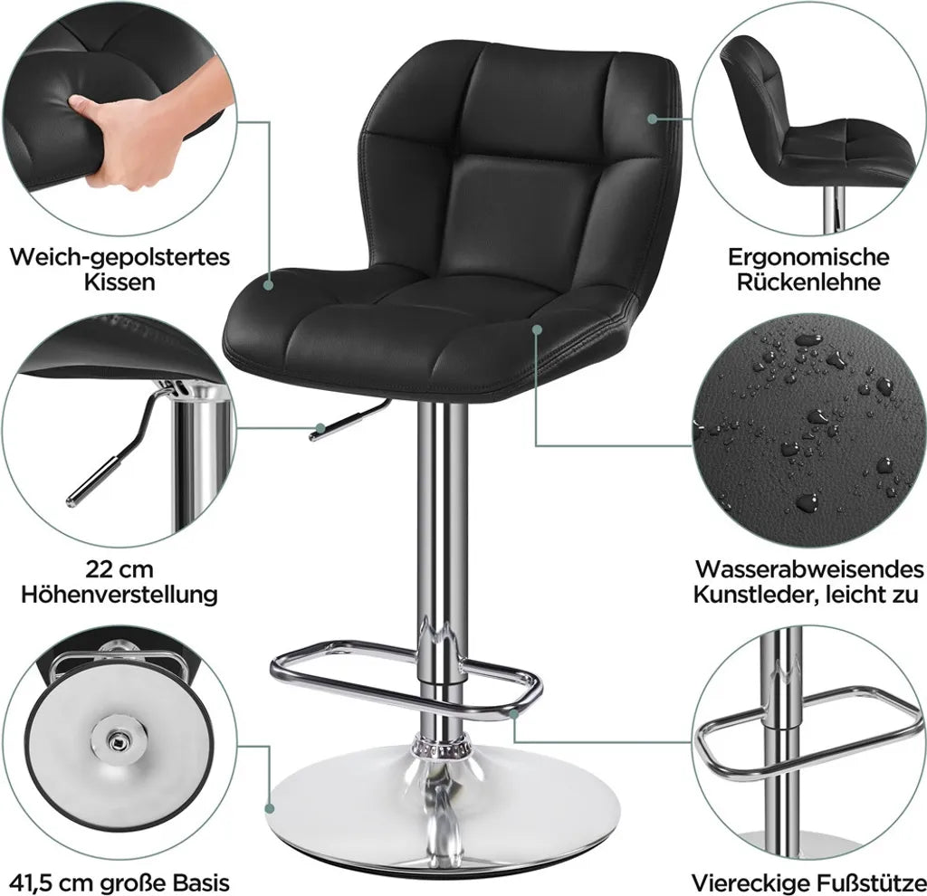 Yaheetech Barstools Set of 2 - Black Faux Leather - Adjustable 62.5-84.5 cm - 360° Swivel with Backrest and Footrest