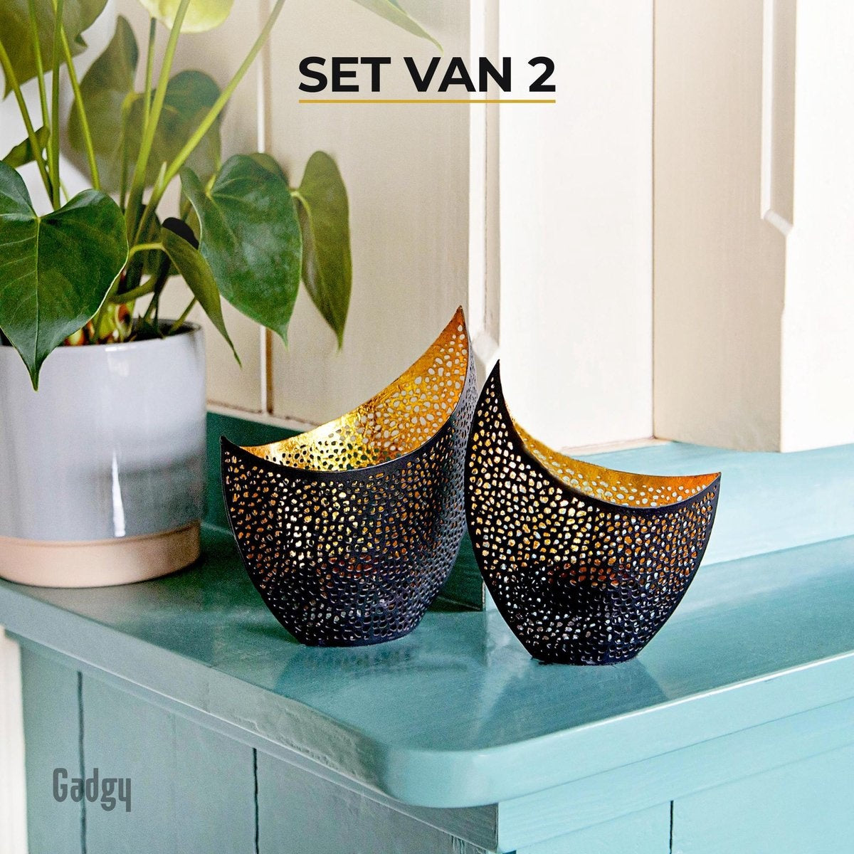 Gadgy Porte-lampes Oriental - Lot de 2 - 16 et 14.5cm - Porte-lampes - Noir/Doré - Métallique