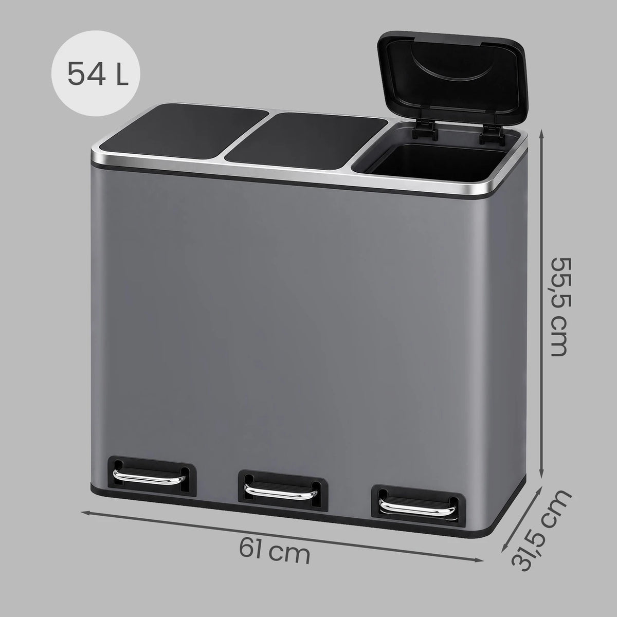 Poubelle Joyfurnos à 3 compartiments, 61 x 31,5 x 55,5 cm, grise, à fermeture douce, en acier inoxydable, pour déchets de cuisine