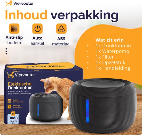 Abreuvoir Quadruped Premium - Abreuvoir rond pour chiens et chats - 2.5L - Abreuvoir pour animaux - silencieux - 2 filtres inclus - Noir