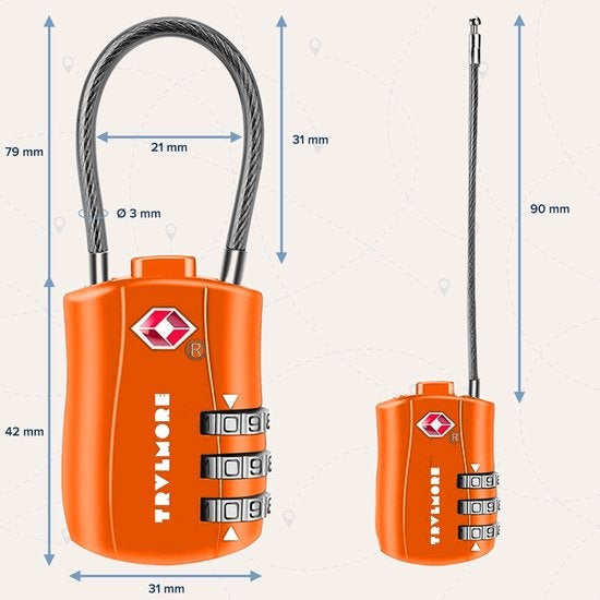 TRVLMORE Serrure de valise - Serrure de voyage TSA - Cadenas - 3 chiffres - 2 pièces - Serrure à chiffres - Orange